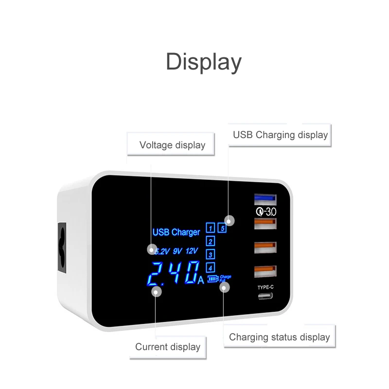 QI Беспроводное зарядное устройство Quick Charge 4,0 3,0 type C настольное зарядное устройство станция концентратор светодиодный дисплей 4 USB адаптер 5 портов быстрое зарядное устройство для телефона