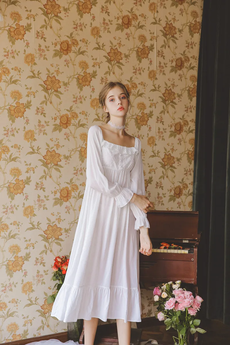 Осенняя одежда для сна в стиле ретро, белая хлопковая ночная рубашка размера плюс, Женская домашняя одежда, ночная рубашка, Дамское ночное белье, ночная рубашка T537