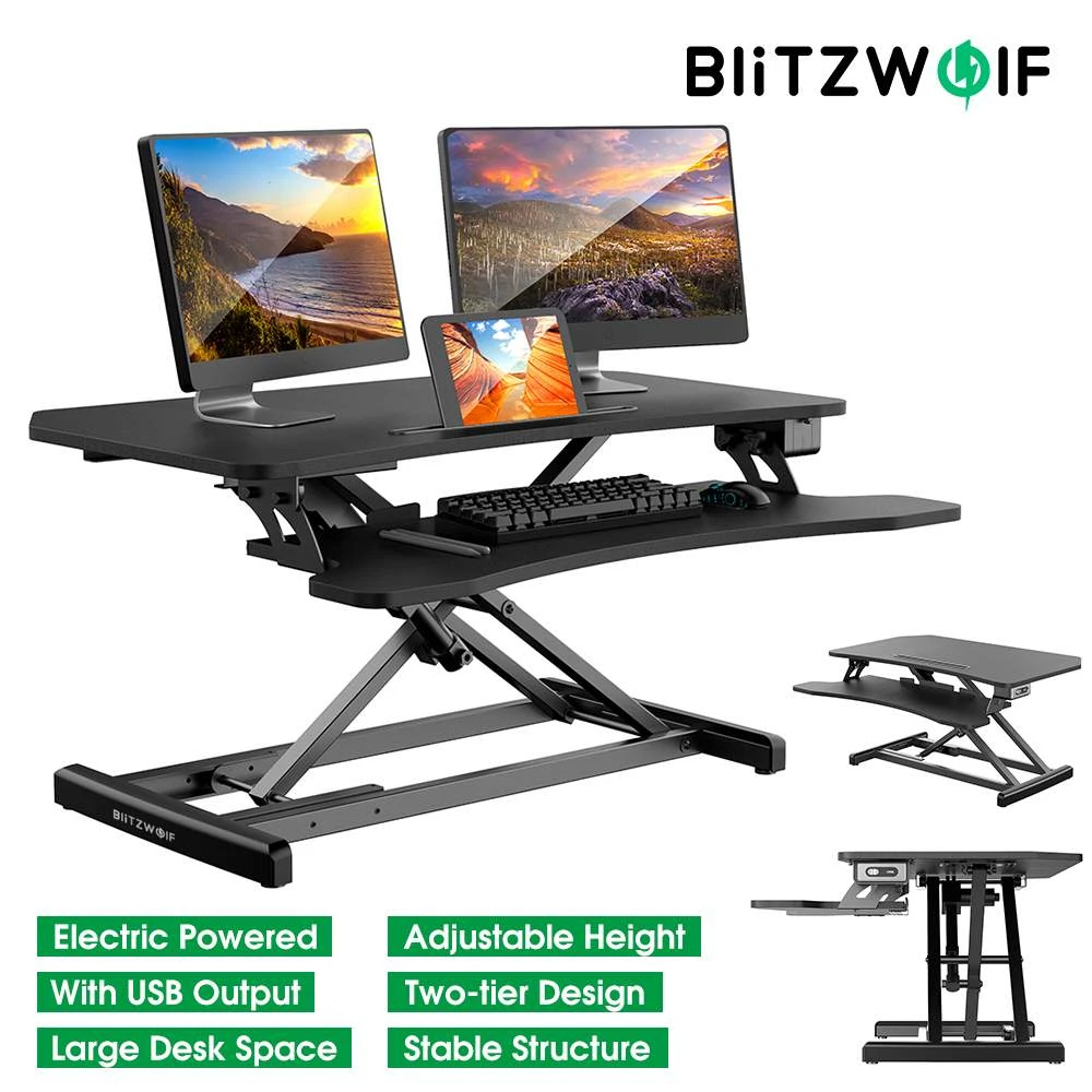 BlitzWolf Electric Lifting Laptop Table Large Space 2-Tier Height Adjustable Desk Table Stand With USB Port 150-500mm