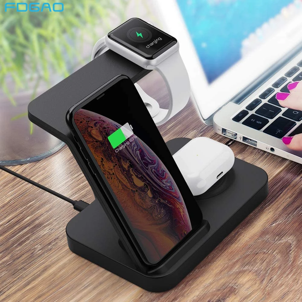FDGAO 15 Вт Qi Беспроводное зарядное устройство 3 в 1 Зарядка подставка для Airpods Pro iWatch