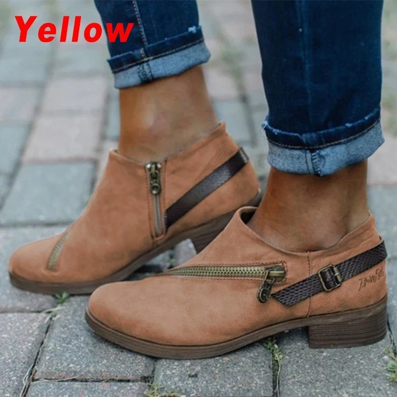 New Fashion Women Casual Shoes Ladies Retro Round Toe Low Heel Zipper Boots Woman Thick Heel Short Boots Single Shoes Size 35-43 