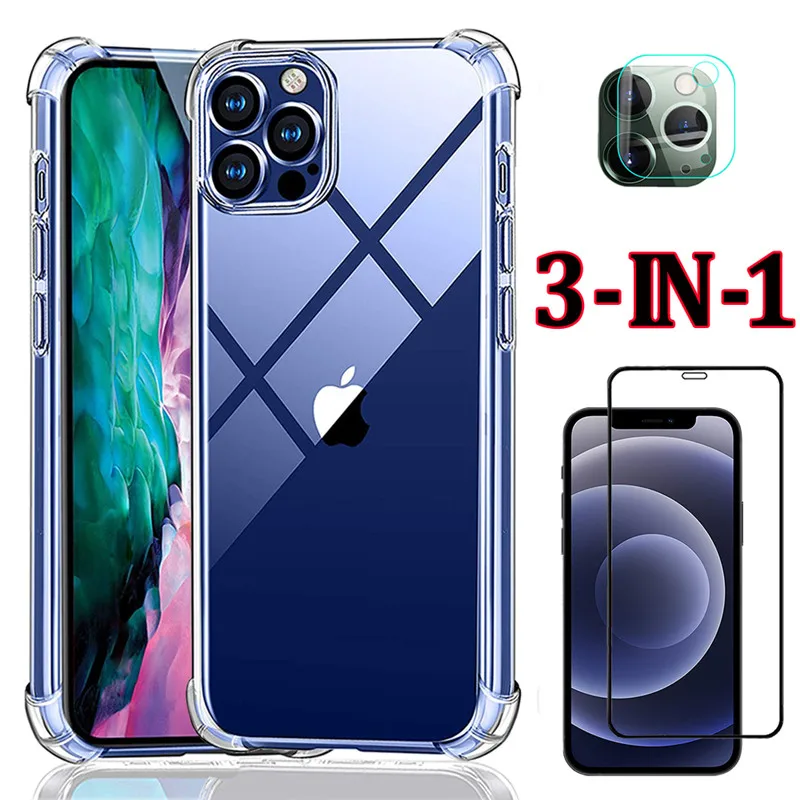 Силиконовый чехол для телефона iphone 13 12 11 Pro Max прозрачный + защитное стекло камеры