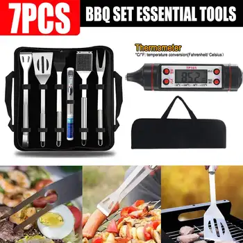 

7pcs BBQ Barbecue Set Stainless Steel Essential Grill Tools Utensil Cutlery Coing Tool Case With Thermometer
