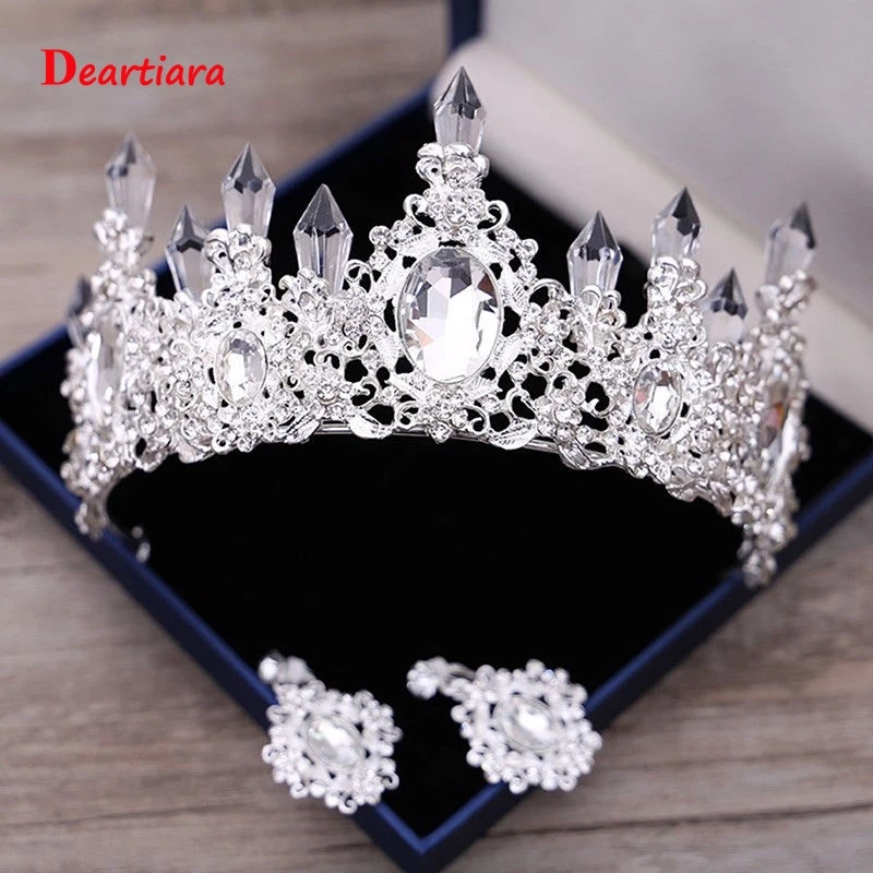

Queen Floral Clear Austrian Crystal Column Tiara Crown Set Bridal Wedding Prom