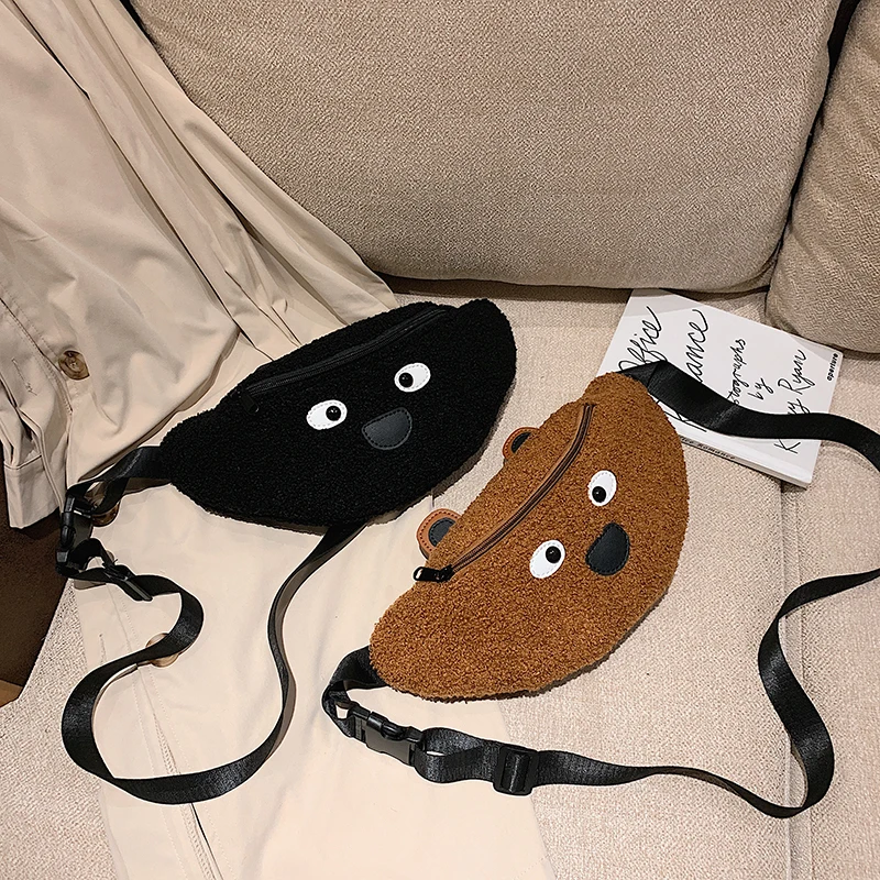 Fashion Suede Patchwork Leather Waist Packs Cartoon Eyes Print Chest Bag Women Personality Shoulder Bag Cute Animal Waist Bag