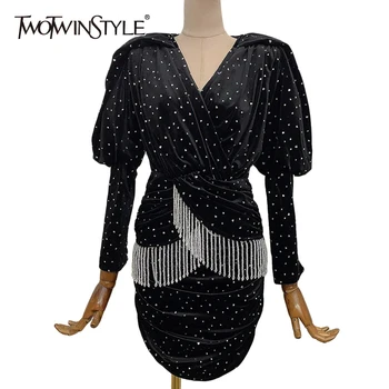 

TWOTWINSTYLE Splicing Tassel Dot Women Dress V Neck Puff Sleeve High Waist Mini Slim Dresses Female 2020 Fashion New Stylish