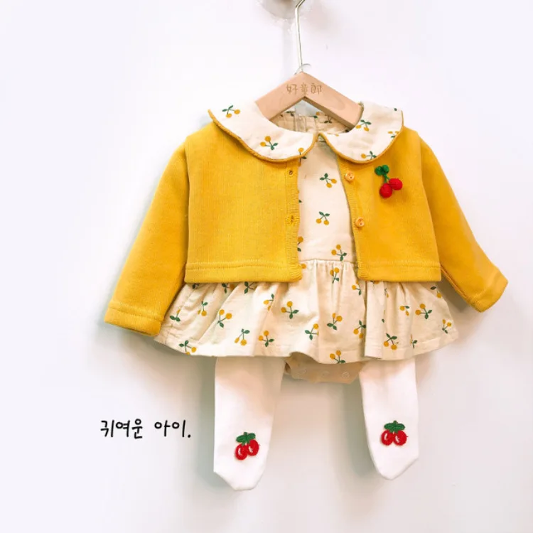 

New Style Pure Cotton Korean-style Women's Infant Spring And Autumn Romper Set Knitted Coat Cherry Romper Skirt Three-piece Set