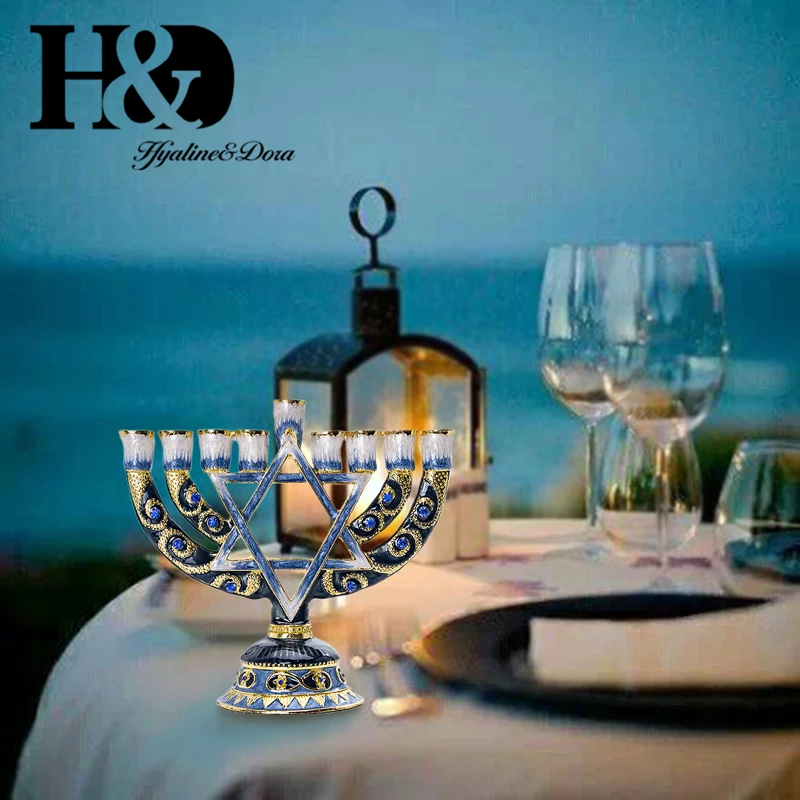 H&D Hanukkah Menorah, ручная роспись, эмалированный подсвечник, Chanukah Menorah, виски, шестиугольная звезда Давида, подсвечники, 9 веток, для украшения дома, вечерние