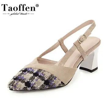 

Taoffen Summer Women Sandals Square Thick Heels Shoes Pointed Head Shoes Buckle Shallow Shoes Female Footwear Size 31-48