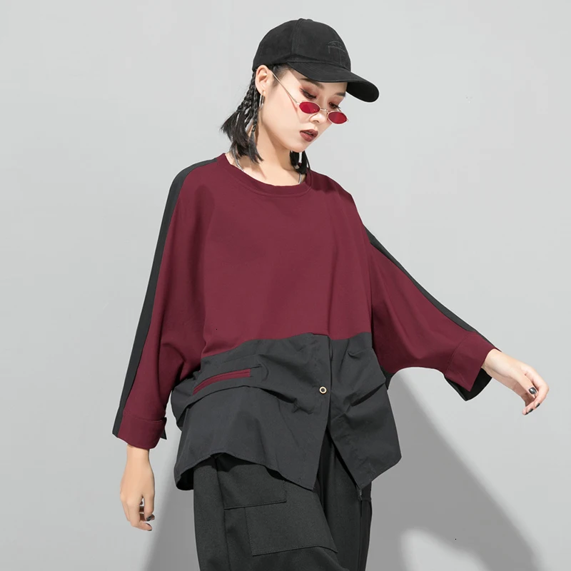 GALCAUR лоскутное Ruched хит цвет Толстовка для женщин с круглым вырезом летучая мышь длинным рукавом нерегулярные женские толстовки Мода Новинка