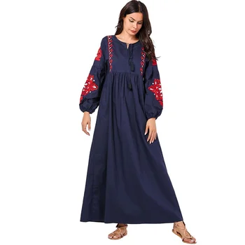 

Royal Blue Floral Abaya Women Dress Embroidery Vintage Autumn Dubai Muslim Dress Women Long Sleeve Plus Size Islamic Clothing