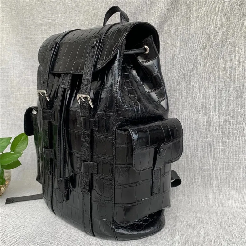 Authentic Crocodile Belly Skin Drawstring Closure Men's Travel Backpack Genuine Alligator Leather Male Large Top-handle Bag Pack 3