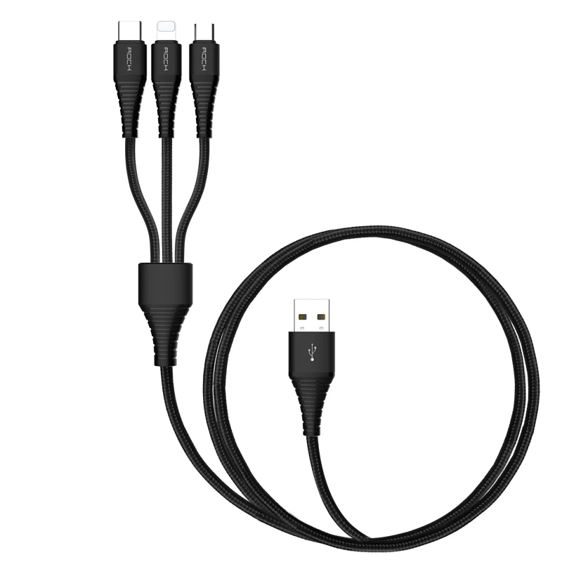 Rock 3 в 1 мульти usb кабель для зарядки для iPhone samsung s9 huawei xiaomi быстрое зарядное устройство кабель системы освещения micro usb type c кабель - Цвет: 3 in 1 Cable Black