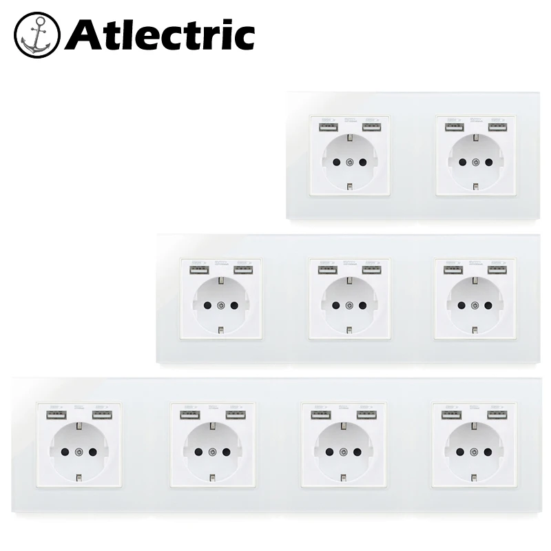 Atlectric европейская вилка розетка двойной USB порт настенная стеклянная панель