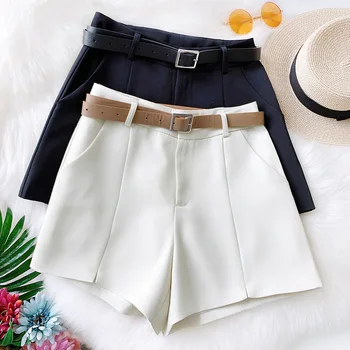 

2020 High Waist Women Shorts With Pocket Casual Spring Summer Shorts With Belt Mini Shorts Wide Leg Pantalones Feminino