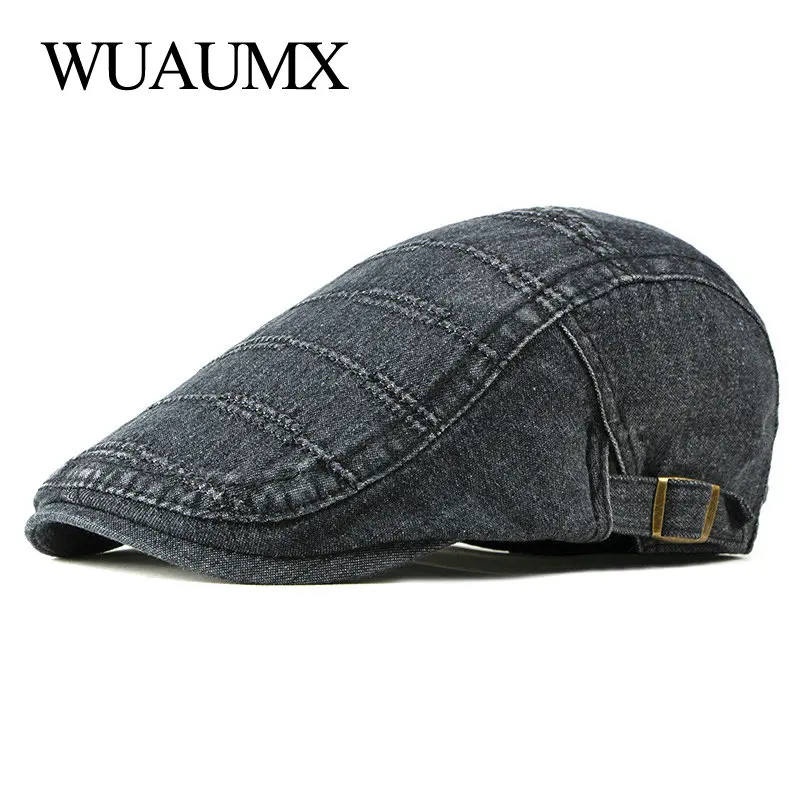 

Wuaumx Unisex Spring Summer Berets Hat For Men Women Washed Denim Peaked Ivy Cap Blue Duckbill Hat Casual Painter Newsboy Cap