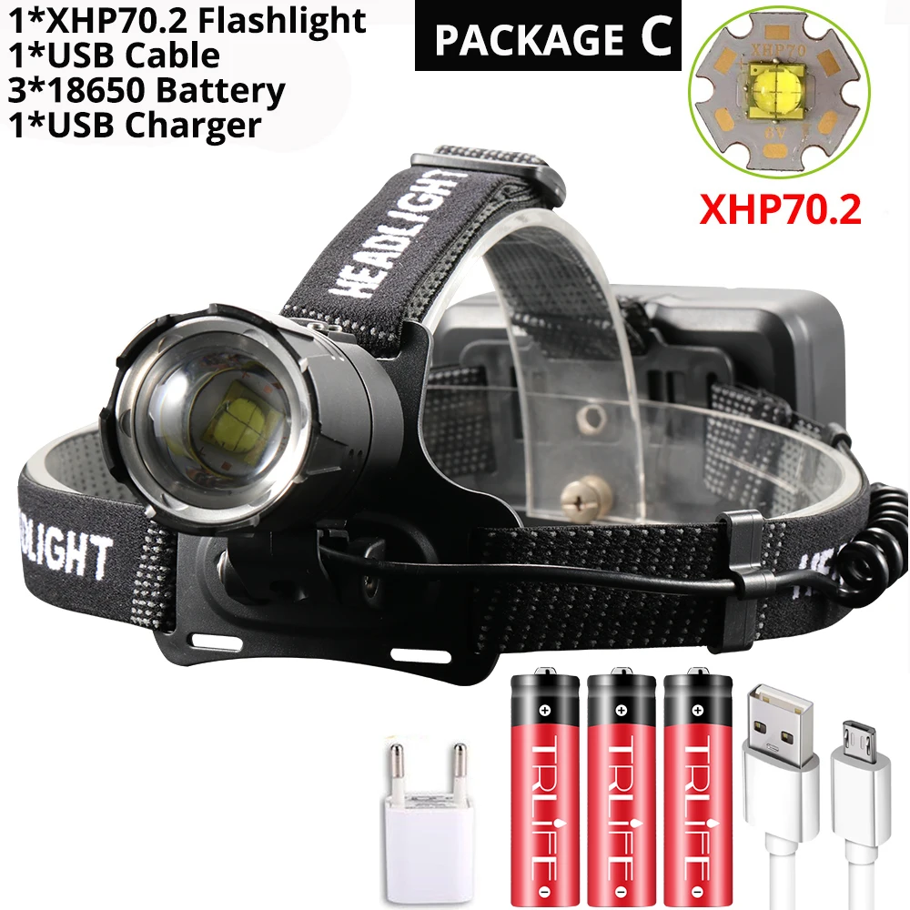 XHP70.2 светодиодный налобный фонарь XHP70 самый мощный желтый или белый светодиодный налобный фонарь для рыбалки, кемпинга, фонарь с зумом, 3*18650 батареи - Испускаемый цвет: Package C