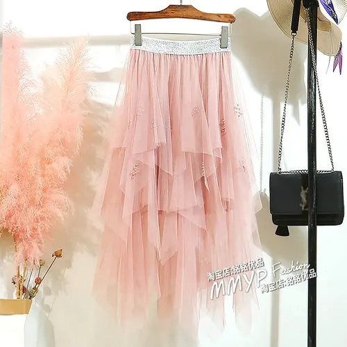 Модные Асимметричные тюлевые юбки женские s Faldas Mujer эластичная высокая талия сетка плиссированная юбка-пачка Женская миди юбка с подолом - Цвет: Розовый