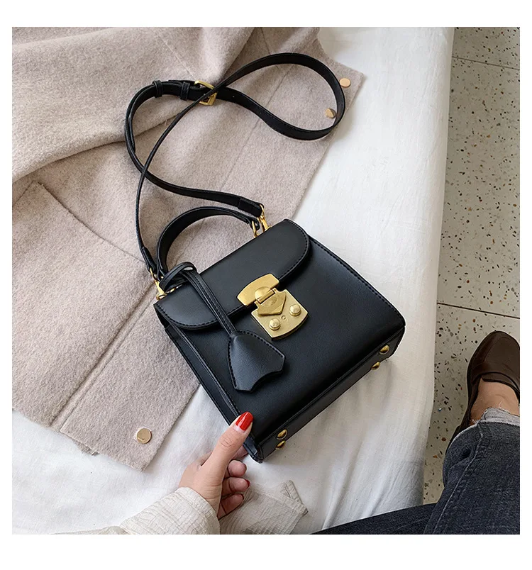 Vinatge шикарная квадратная женская сумка с замком, дизайнерские брендовые сумки на плечо, роскошная сумка через плечо из искусственной кожи, Маленькая женская сумочка с клапаном - Цвет: black small