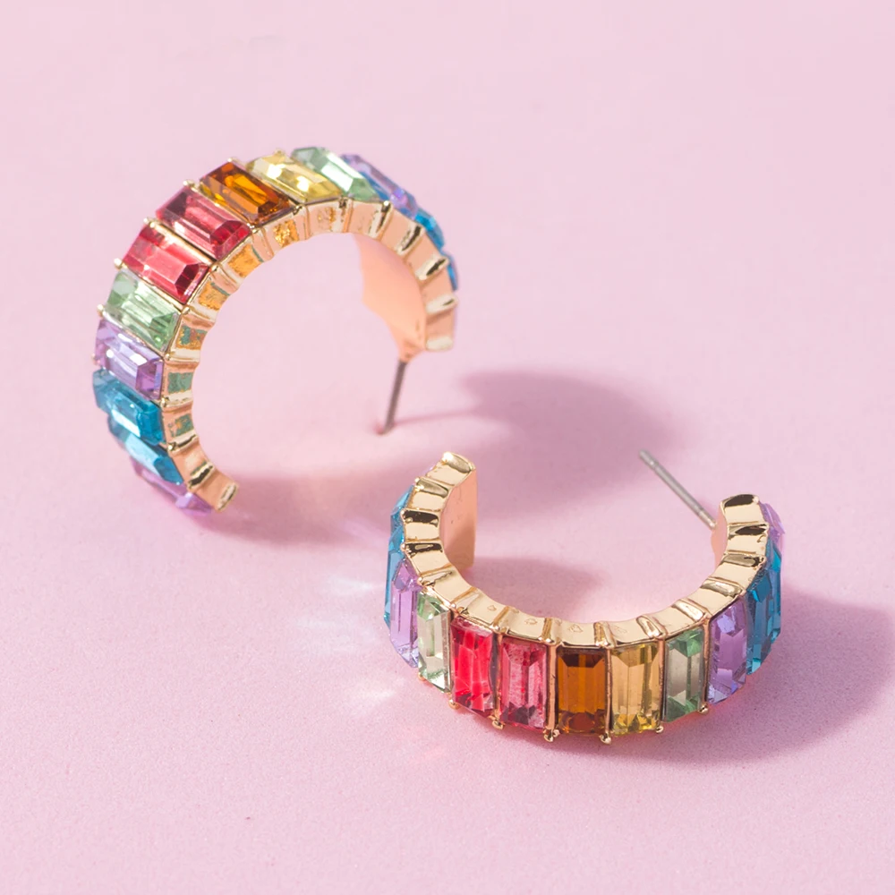 Stud earrings Lost Lady Fashion Multi-Color Crystal Glass C Cuff Stud Earrings Girl Women's Geometric Earrings Wedding Party Jewelry