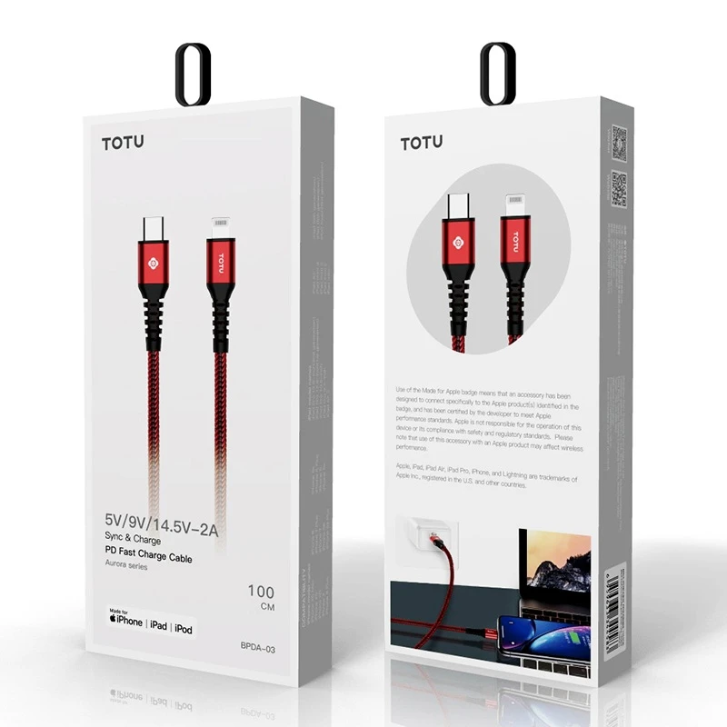 TOTUDESIGN BPDA-03 Аврора серии USB-C/тип-c до 8 Pin PD Быстрая зарядка MFI Сертифицированный плетеный кабель для передачи данных, длина: 1 м(черный