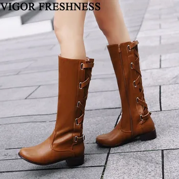 

VIGOR FRESHNESS Knee High Boots Women Shoes Winter Boots Long Woman Warm Boots Autumn Shoes Sexy Cross-tied Flat Heels MY80B