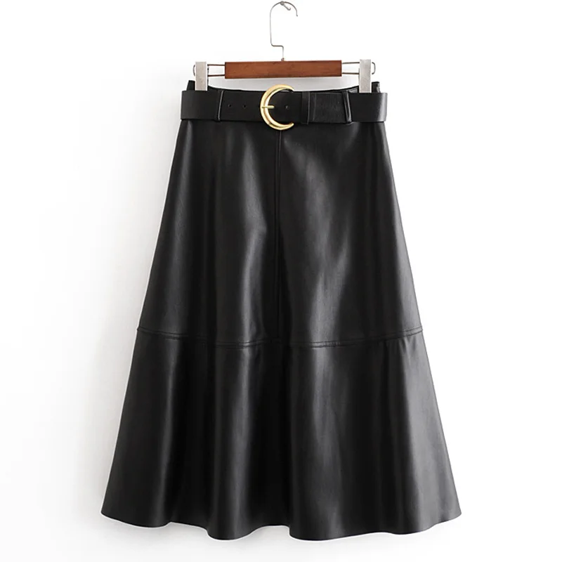 Женские юбки с завязками на талии, модная свободная черная юбка из искусственной кожи, элегантные женские юбки до середины икры JZ