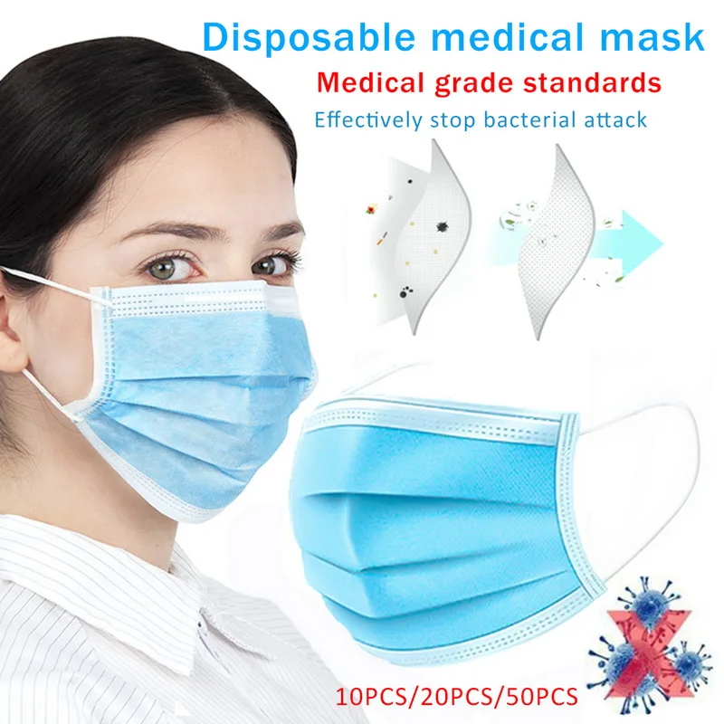 

10PCS Disposable Protective Mask 3 Layers Dustproof Facial Protective Cover Masks Maldehyde Prevent Bacteria Anti-virus Masks