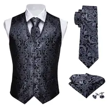 Designer masculino clássico preto paisley jacquard folral coletes de seda lenço gravata colete terno bolso quadrado conjunto barry. wang