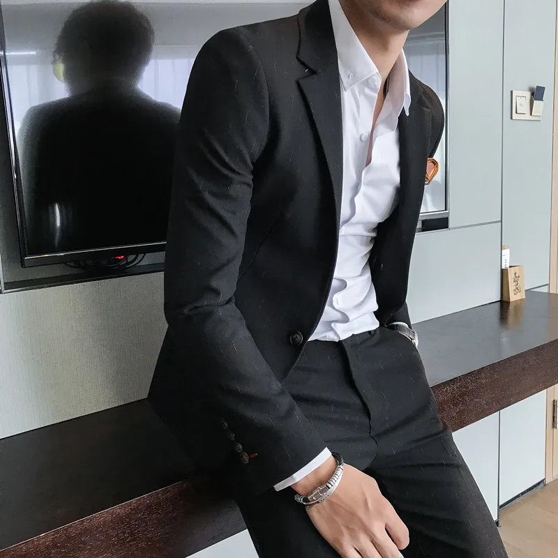 Autumn New Men's Slim Fashion Suit Men's Hair Stylist Korean Version of The Personality Line Trend Business Casual BlazersQX1293