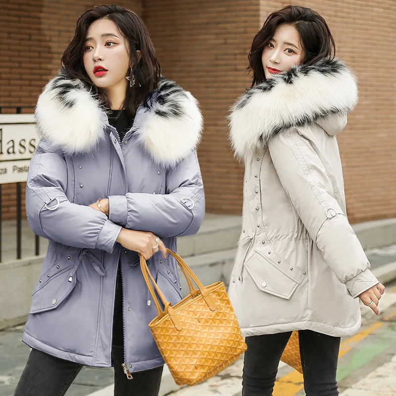 

2019 Cotton-padded Clothes Thick Warm Hooded Mid-length Fashion Korean-style Loose-Fit High Imitation Large Fur Collar Rivet Wai