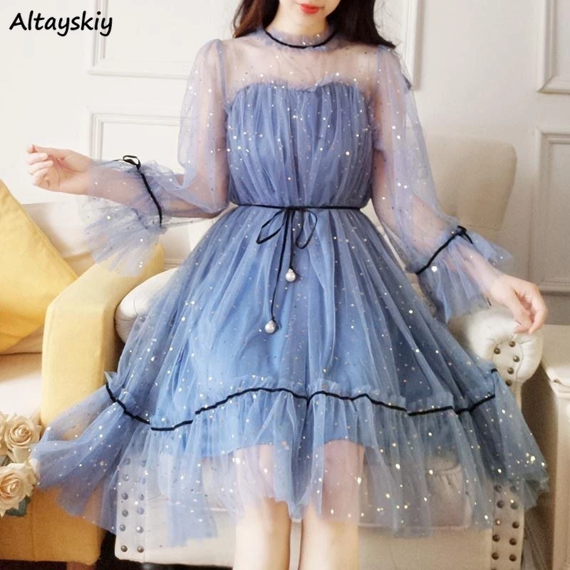 Mesh Dresses Women Patchwork Sequined Holiday O-Neck Spring Korean Style Elegant Vestido Feminino Sweet College Female Popular formal dresses