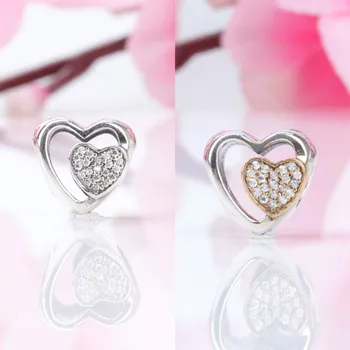 

Original 925 Sterling Silver Bead Heart Shaped With Crystal Gold Beads Fit Pandora Women Bracelet & Necklace Diy Jewelry