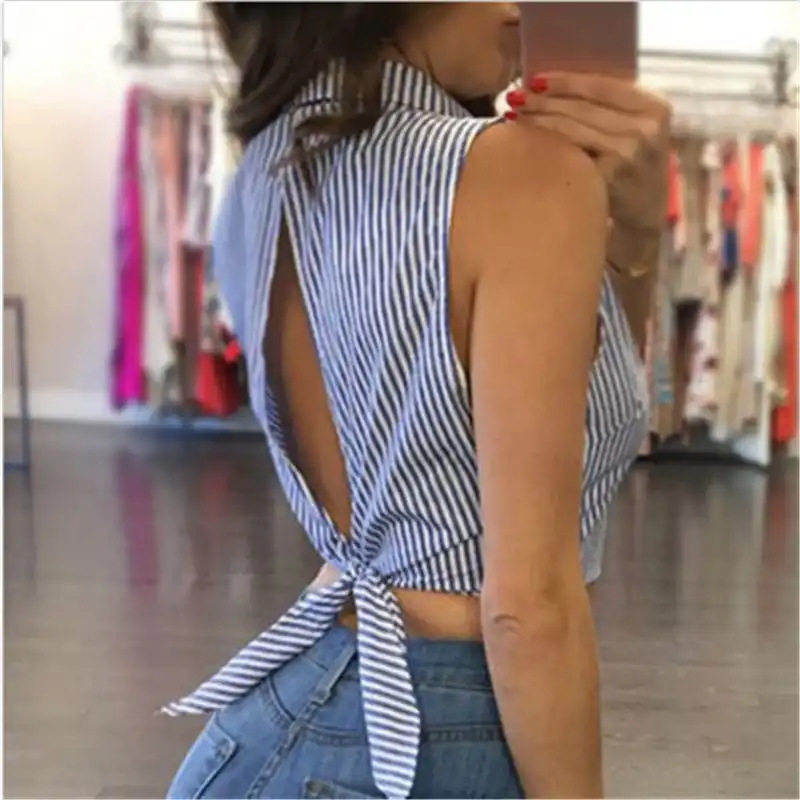 Sexy blusa de rayas para mujer Sexy Bowknot camisas sin espalda sin mangas  con cuello pico Blusas para mujer vendaje Tops de talla grande  femenina|Blusas y camisas| - AliExpress