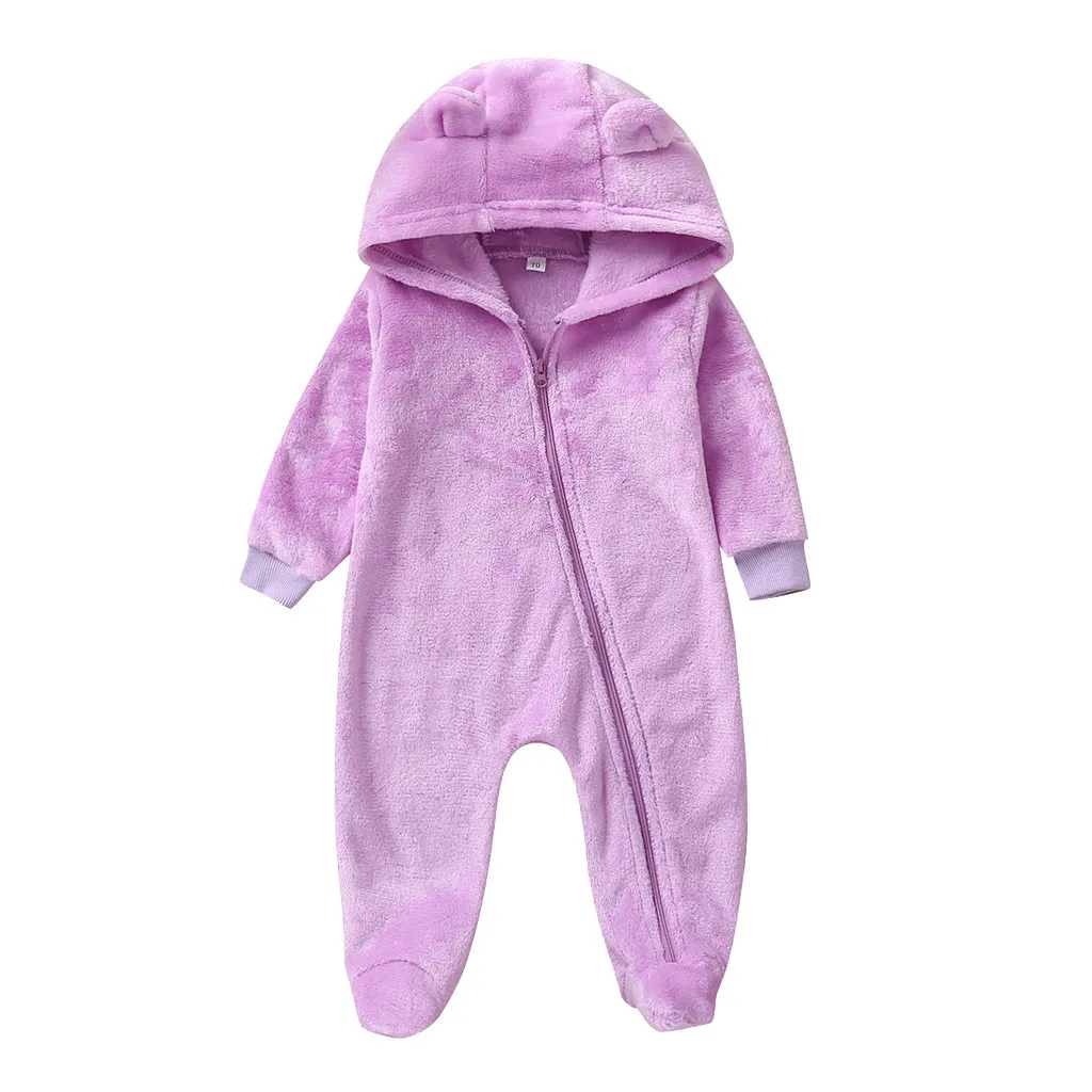 Флисовые фуфайки с капюшоном и длинными рукавами для маленьких мальчиков и девочек; комбинезон; однотонные хлопковые фуфайки с ушками для малышей - Цвет: Фиолетовый