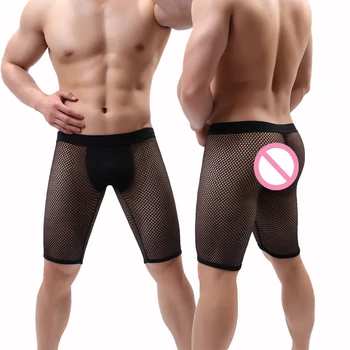 

Men Sexy Fishnet Long Boxer Shorts Big Holes See Through Underpants Novelty Workout Sport Pants Elastic Waist Breathable Panties