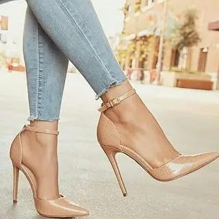 

Moraima Snc Nude Patent Leather High Heel Shoes Sexy Pointed Toe Ankle Strap Woman pumps Thin Heels Party Wedding Shoes