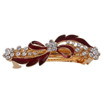 

Rhinestone Detail Red Bowknot Metal Hair Clip Barrette Gold Tone
