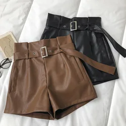 2021 novo outono inverno feminino sexy couro do plutônio shorts all match faixas perna larga curto senhoras shorts de couro feminino casual