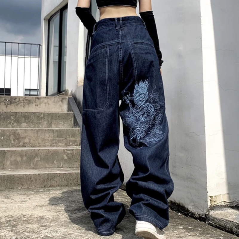 armani jeans 2021 new American retro embroidery jeans women street hip-hop wild wide-leg pants couples plus size casual loose jeans trousers women's fashion