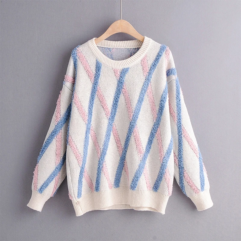 Женский зимний свитер круглый вырез вязаный с длинным рукавом пуловер и мягкий высококачественный полосатый Свободный пуловер