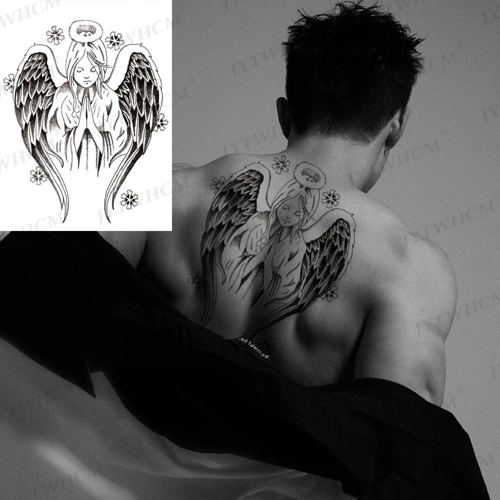 Tatouage Aile D Ange Nuque Homme Autocollant De Tatouage Temporaire Imperméable Pour Homme, Faux Tatouage,  Prière Chrétienne, Aile D'ange Noir, Totem Démon, Flash Bod Art -  Temporaire Tatouages - AliExpress