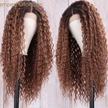Штампованные славные коричневые Кудрявые Кружева передние парики с детскими волосами Длинные свободные кудрявые синтетические парики термостойкие волокна волос
