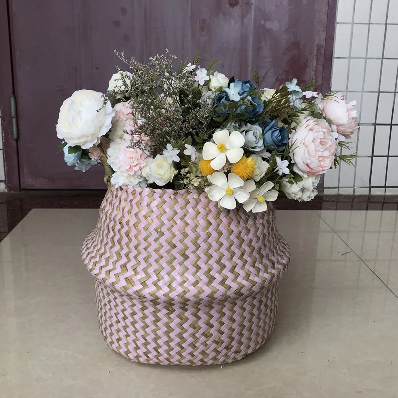 Складной ручной плетеная корзина для хранения плетеная мебель из ротанга живота соломы садовый цветочный горшок с волнистым рисунком ящик для комнатных растений, корзина для одежды