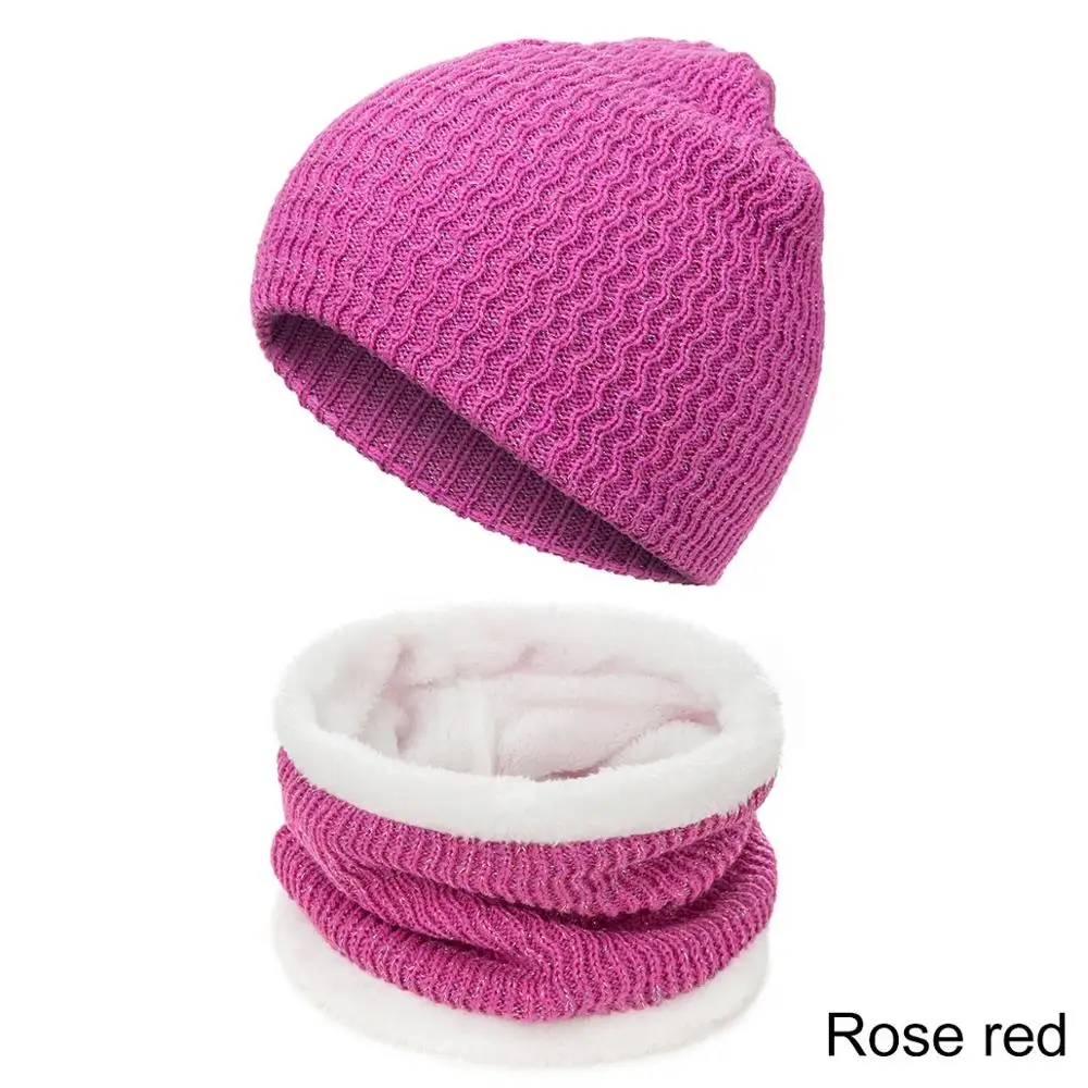 Модная однотонная зимняя шапка, шарф, вязаная теплая Шапка-бини для мужчин и женщин, утолщенный бархатный шарф и шапка, комплект, аксессуары в стиле унисекс - Цвет: rose