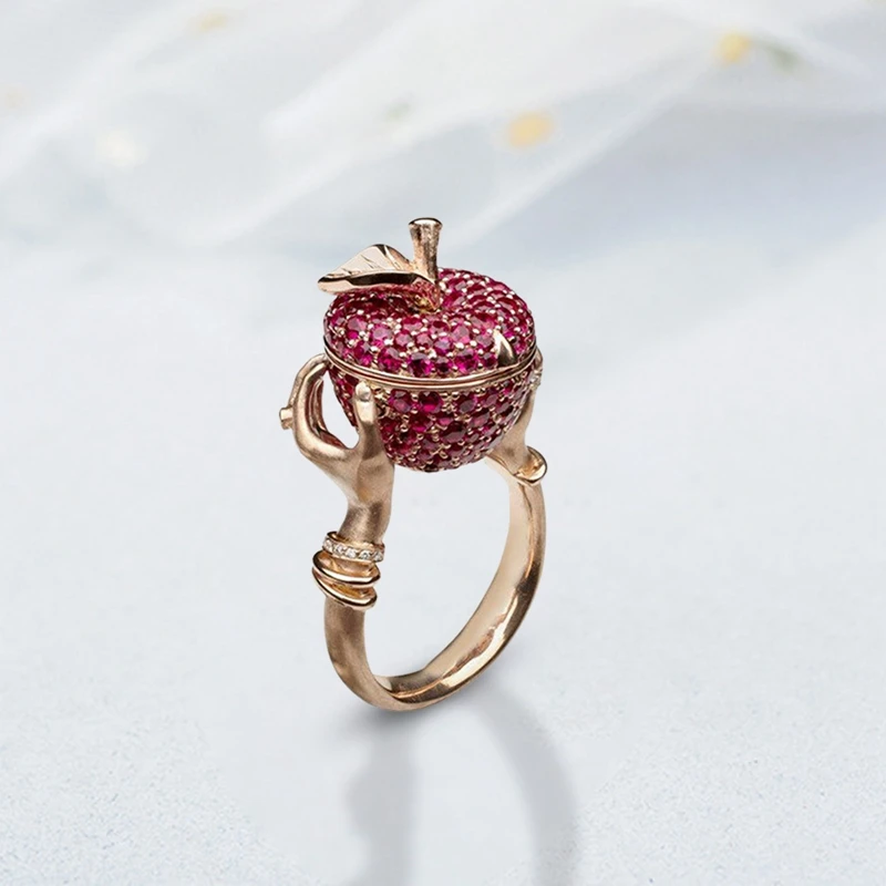 Wedding Ring Luxury Pink Crystal Apple Unisex for Women Men Anniversary Gift Jewelry