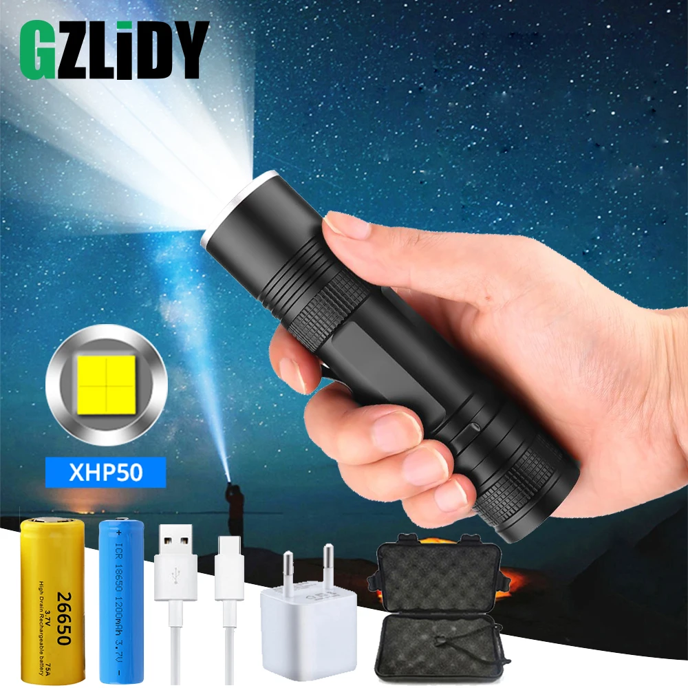 

Powerful XHP50 LED Flashlight USB Charging 3 Lighting Mode Waterproof Tactical Torch Support Zoom Using 18650 or 26650 Battery