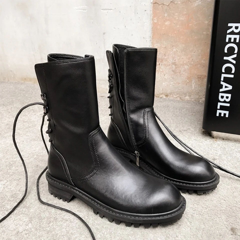 

BELLECOM Autumn and Winter New Women's Shoes Street British Wind Shoes laced with leather Martin boots