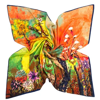 

Oil Painting Square Scarf Sun Flower 2019 New Brand Women Winter Silk Scarf,Twill Print Turban Headband Large Hijab