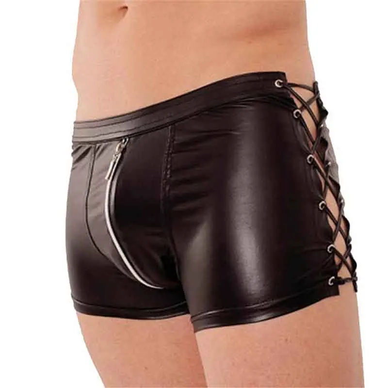 Sexy Men Black Faux PU Leather Latex Shorts Boxers Trunks Erotic PVC Underwear Male Panties Bondage  Lace-Up Gay Fetish Lingerie (1)